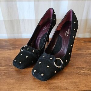 Vtg Y2K 2000s Via Spiga Black Suede Studded Square Toe Pumps Stiletto 8M Italy